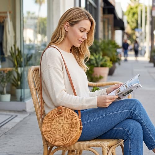 Bolso redondo tejido de ratán para mujer miniatura 3