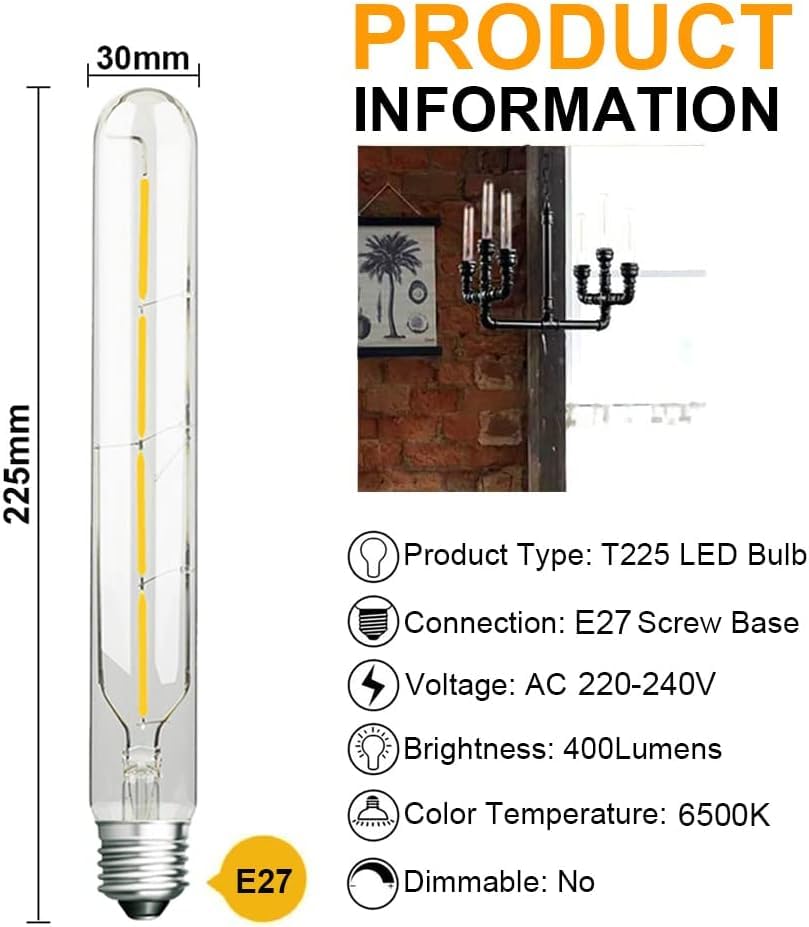 ZFQ T30 4W Vintage Retro LED Filament Bulbs Not Dimmable, 225mm Tubular E27 Edison Screw, Energy Saving Light Bulb - Image 2