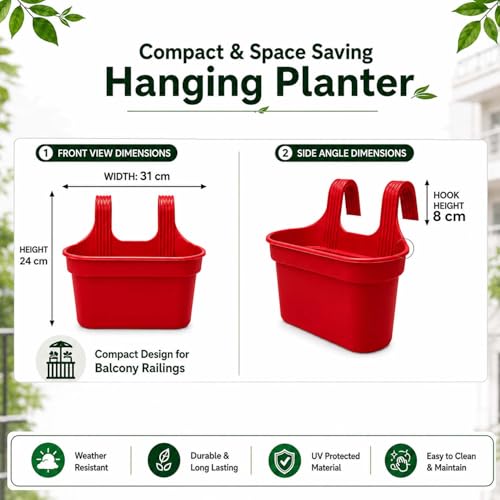 Image of Go Hooked 12 Inch Plastic Railing Hanging Planter Pot Set of 7 | Rectangular Flower Pots with Double Hook for Garden Fence Balcony Indoor Outdoor Home Decor | Durable Plant Container (Red)