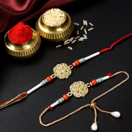 Image of Oblivion Rakhi Set for Brother and Bhabhi - Peacock with Feather Gift for Bhai & Lumba for Bhabhi with Silver Colour Coin and Greeting Card - Raksha Bandhan Combo