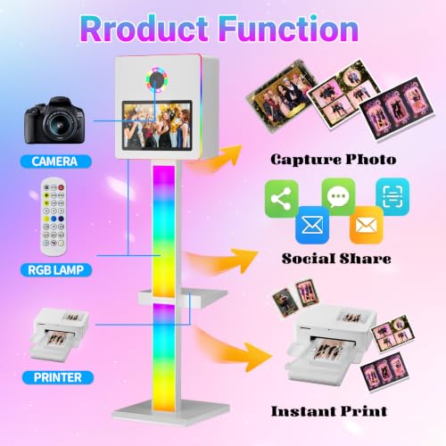 Image of DSLR Photo Booth Built-in Mini PC and Flight Case Mirror Photo Booth with 15.6 inch Touch Screen RGB Lights App Control for Parties Weddings Event Rentals (White+Printer)