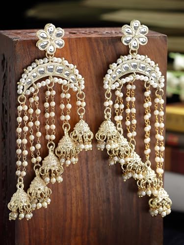 Image of Karatcart Gold Plated Pink Meena Lotus Design Kundan Dangler Earrings for Women (color may slightly vary due to photographic effect)