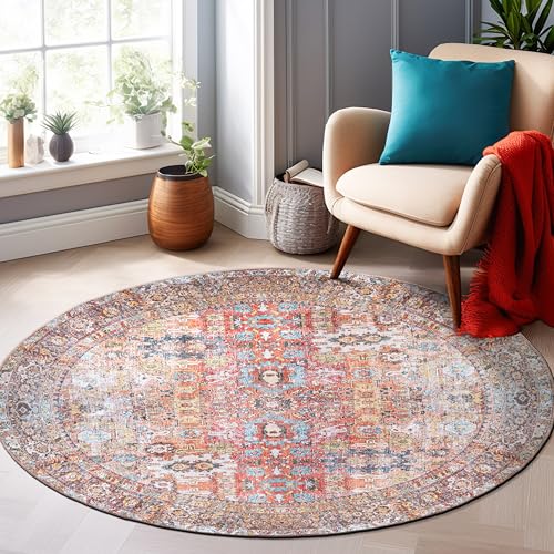 Rugshop Multi Transitional Distressed Round Area Rug — Machine Washable & Non‑Slip, 6' 6" Round for Dining Room, Living Room and Entryway