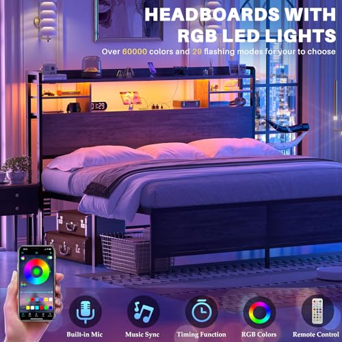Image of Aheaplus Headboard for Queen Size Bed with Storage, Black Oak | Headboards with LED Light, Power Outlets, USB Ports Queen Size Head Board, Wood headboard Only Sturdy and Stable Headboards