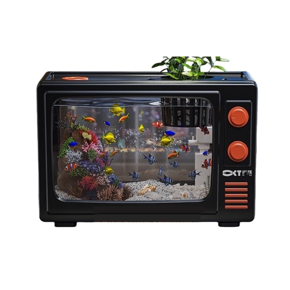 Acquario da tavolo da 3 galloni, acquario TV retrò, acquario per pesci con filtro multifunzione, acquario per pesci ad alta trasparenza realizzato in materiali AS (nero, 18,3 x 19,6 x 30,5 cm)