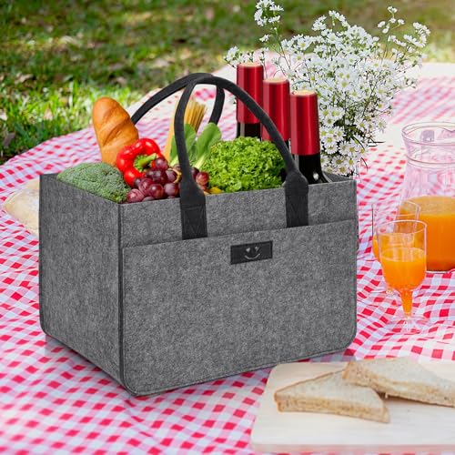 Eurhomewit Filz Einkaufskörbe Filztasche 30L Einkaufskorb Faltbar Einkaufstasche mit Fächern, Filztasche Groß Flaschentasche Kaminholztasche Kleiderkorb (Smiley Mittelgrau + Dunkelgrau/2 Stück)