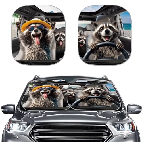 Image of Sunshade Visor Foldable 2-Piece Funny Raccoon Driving Car Windshield Sunshades Easy Installation Front Window Sun Shade Removable Automotive Accessories for Trucks SUV Van