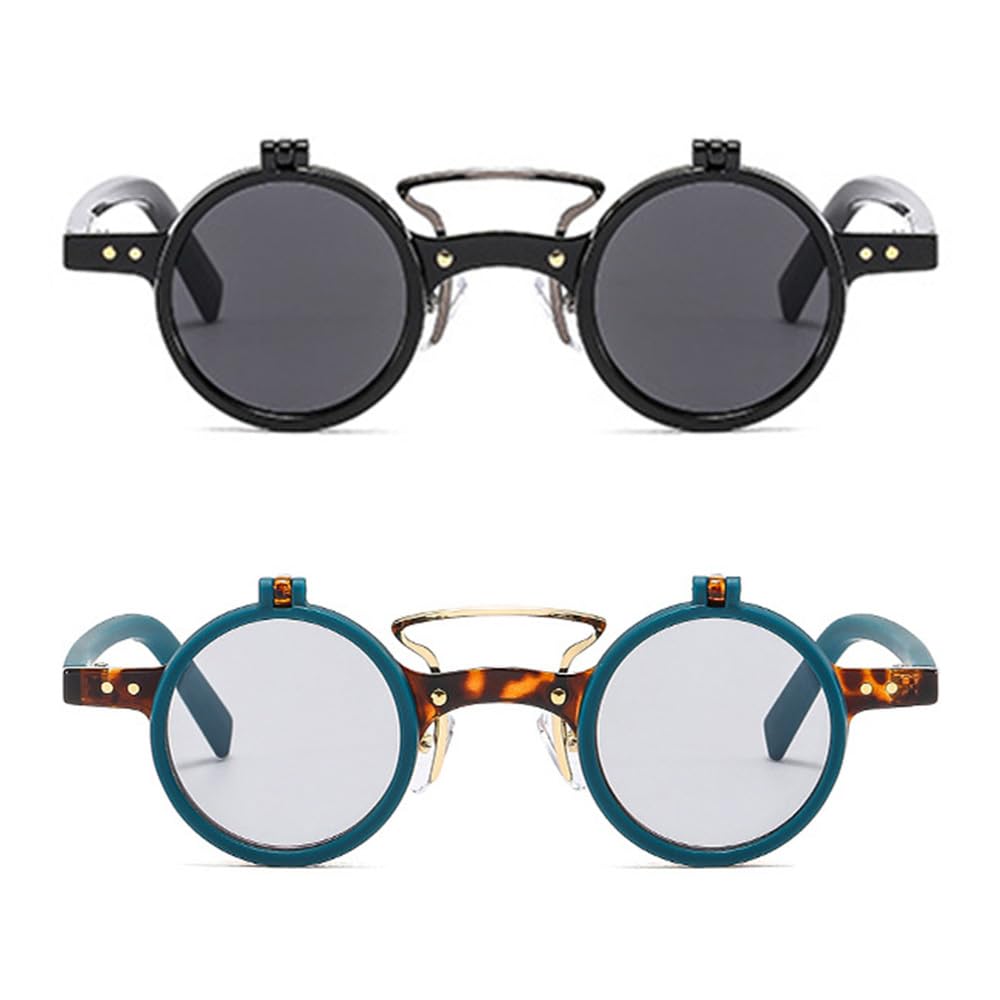 HYLLE Retro Flip-Up Round Goggles Seampunk Sunglasses for Men Women 90s Style