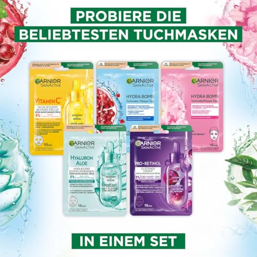 Garnier SkinActive Tuchmasken Set, Tuchmasken für das Gesicht, Feuchtigkeitsspendende Gesichtsmasken, Erfrischend, Revitalisierend, Glättend, Sanft strahlend, Glow boostend, 5 Stück 4