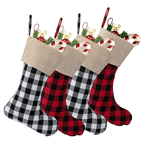 INSTOME Christmas Buffalo Plaid Stockings,Christmas Stockings 4 Pack-16 Inch Red and Black Plaid Christmas Classic Large Stocking for Family Holiday Xmas Party Decoration Cover