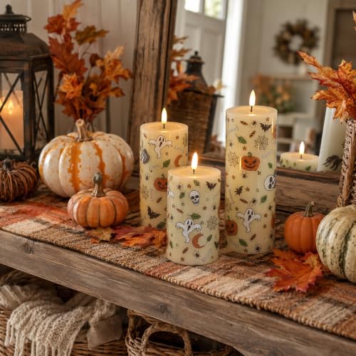 Image of Lezonic Ivory Flameless Candles with Remote, LED Battery Operated Flickering with Timer, 4 Pack Glossy Wax Drips Design Real Wax Pillar for Halloween Decor, Centerpiece, Birthday Gifts (4 /5 /6 /8 Inch)