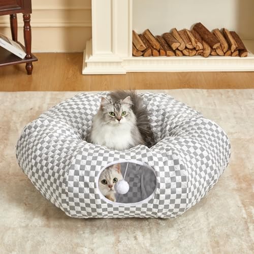 Image of Tunnel Bed for Indoor Cats Peekaboo Cave Donut for Cat with Washable Circle Cushion Interior Cat Play Tunnel（Light Grey）