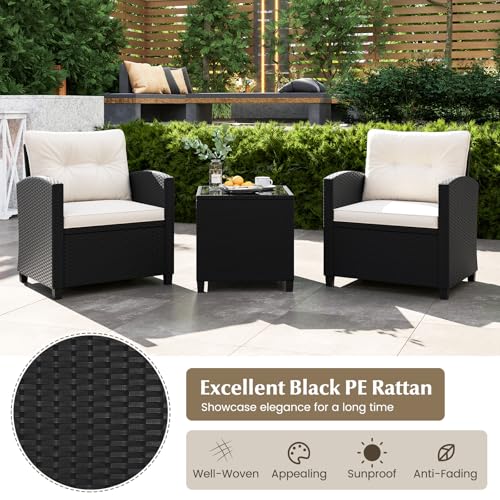 Image of Tangkula 3 Piece Patio Furniture Set, Rattan Conversation Set w /Soft Seat & Back Cushions, Tempered Glass Topped Coffee Table, Cushioned Wicker Seating Set for Backyard, Porch, Poolside (Off White)