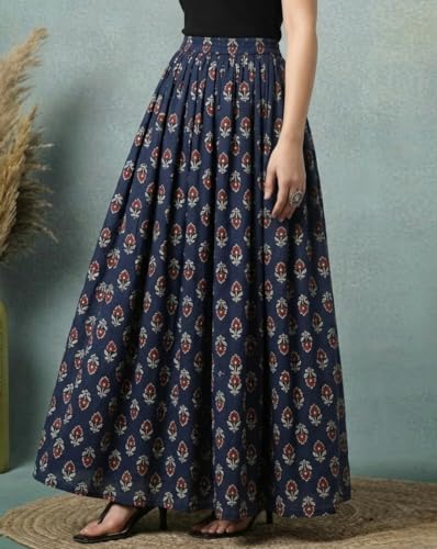 Image of Women's Floral Print Maxi Skirt, Maroon Red, 100% Pure Cotton, Elastic Waist, Full Length, Breathable Fabric