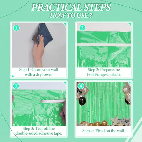 Image of DECOCKRAT 3 Pack Foil Fringe Backdrop - Pastel Light Green Shiny Tinsel Curtains for Party Decoration /Photo Booth Props - 3.3x8.2 FT Metallic Foil Backdrop for Birthday, Wedding, Graduation, Christmas