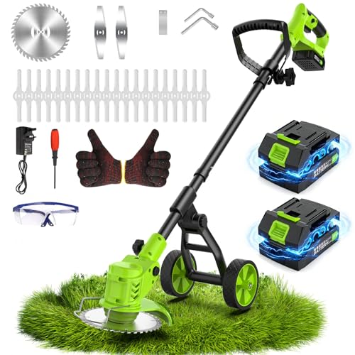 Weed Wacker Cordless with Wheel, 4 in 1 Electric Weed Eater Battery Powered Brush Cutter String Trimmer Edger, 4000mAh Stringless Weed Trimmer Lightweight Grass Trimmer Mower, 2 Battery and Charegr