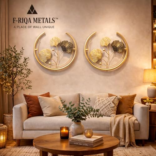 Image of F-RIQA METAL Luxury Golden Flower Metal Wall Art Set of 2 (13.8 x 10.5 Inch) | Elegant Ring Design Wall Decor for Bedroom & Living Room (Classic)