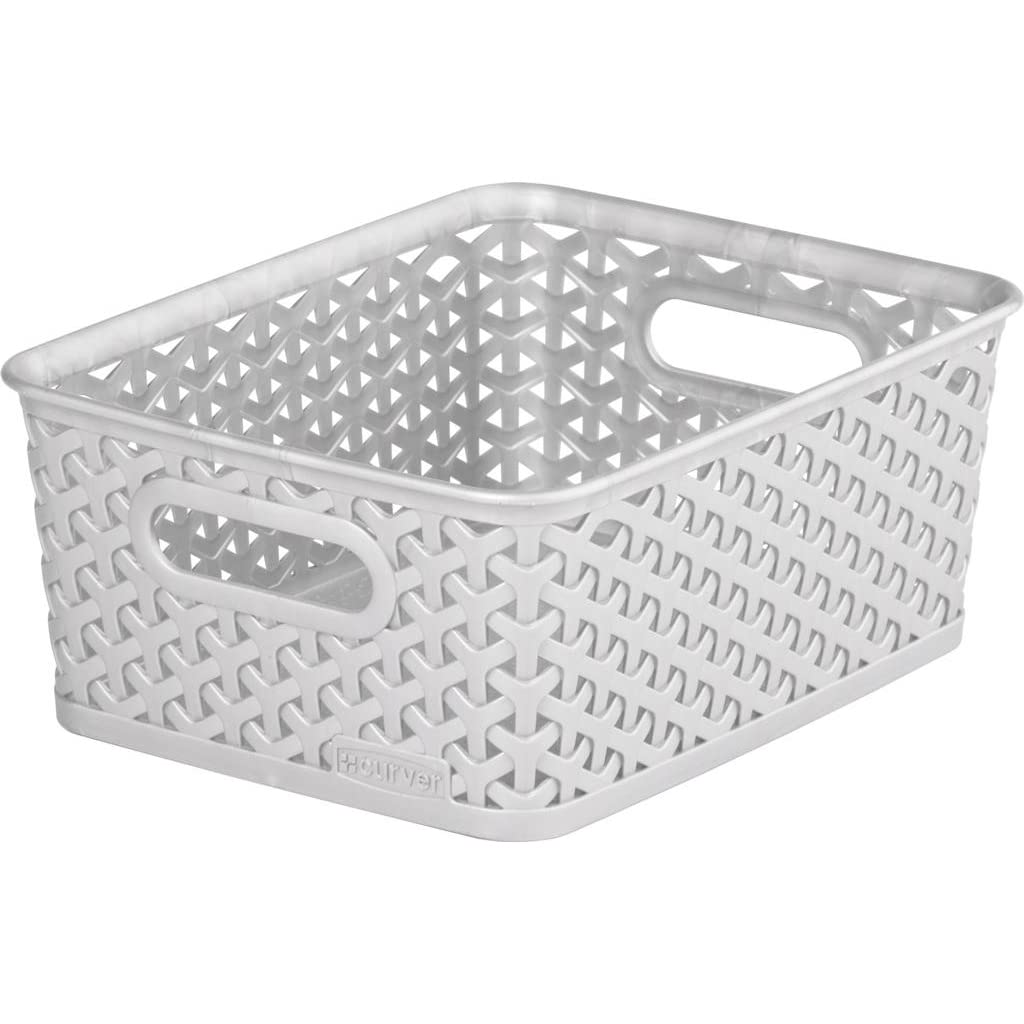 2x Curver Nestable Rattan Basket Small Storage Plastic Wicker Tray 8L - Grey