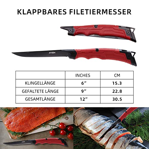 Foto von ATISEN Folding Fischmesser Angeln und Filetiermesser Fisch Klinge 15.2 cm, G4416 Deutsch Edelstahl Kochmesser, Angelmesser Sehr Scharf, Jagdmesser Inklusive Schutzhülle, Messerschärfer