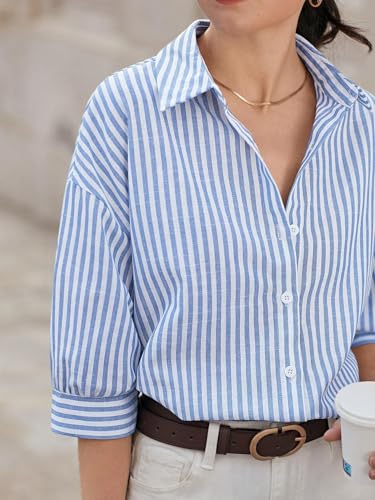 Image of IndoPrimo Women's Classic Fit Striped Print Poly Cotton Shirt with 3 /4 Sleeve Mandarin Neck Standard Length and Button Down Closure Type