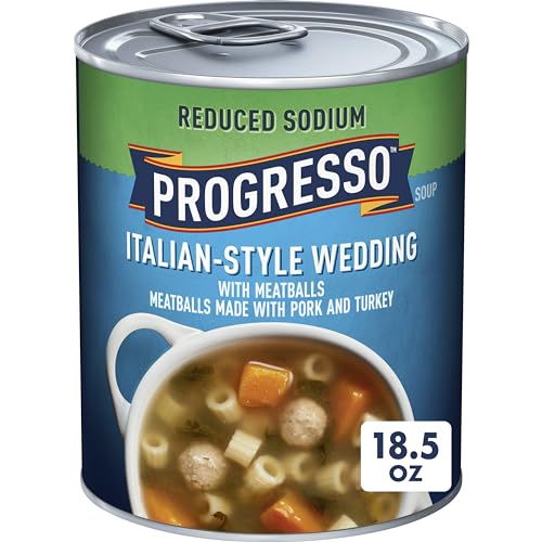 Image of Progresso Reduced Sodium Italian-Style Wedding With Meatballs Soup, 18.5 oz | 25% Less Sodium Reduced From 690mg to 470mg per Serving, Pork & Turkey Meatballs, Rigati Pasta, Carrots & Spinach