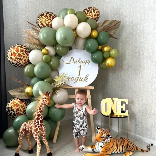 Image of Jungle Safari Balloon Arch Garland Kit, Olive Sage Green Brown Beige with Animal Print Wild One Ballons, Giraffe Leopard Balloon for 1st Birthday Baby Shower Woodland Jungle Safari Party Decorations