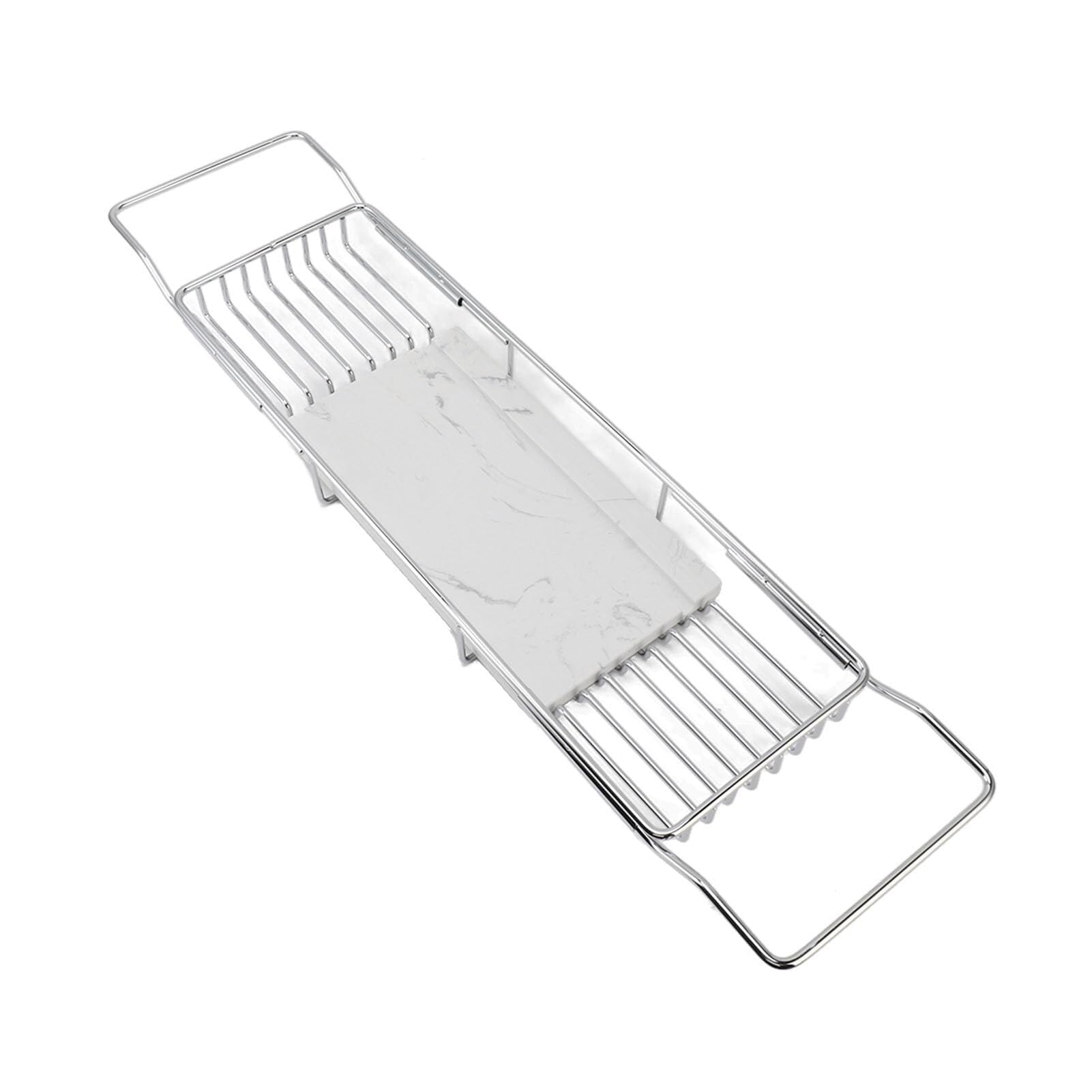 JKJZSALJ Over The Bathtub Shelf Rack - Bath Basin Table Tray For Shampoo & Essentials - Adjustable Wire Bathing Storage-Silver White