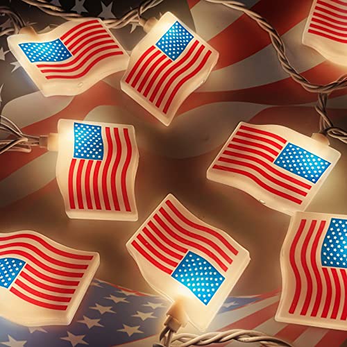 GOOTHY 4th of July Lights 8.5F American Flag String Lights, Patriotic Lights with 10 Mini American Flag Lights, Plug in 4th of July Decorations Lights for Indoor Independence Day Party Memorial Day