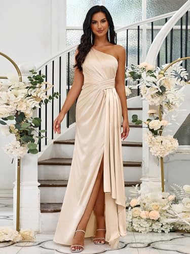 Mermaid Prom Dress for Women Satin One Shoulder Bridesmaid Dresses with Slit Long Pleated Evening Gowns4