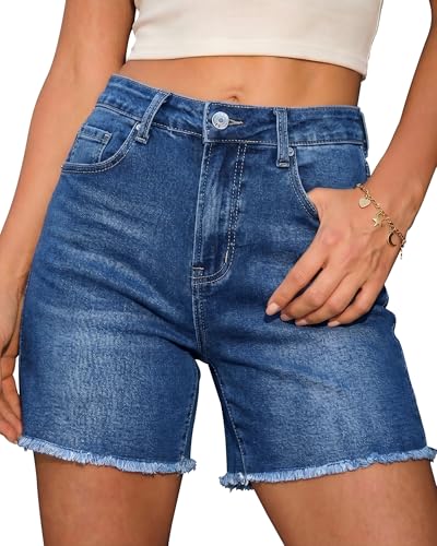 luvamia FleXclusive Jean Shorts for Women Trendy High Waisted Stretchy Denim Summer Casual Raw Hem Mom Long Cutoff Jorts Mom Jean Shorts Medium Blue Size X-Large Fits US 16-18