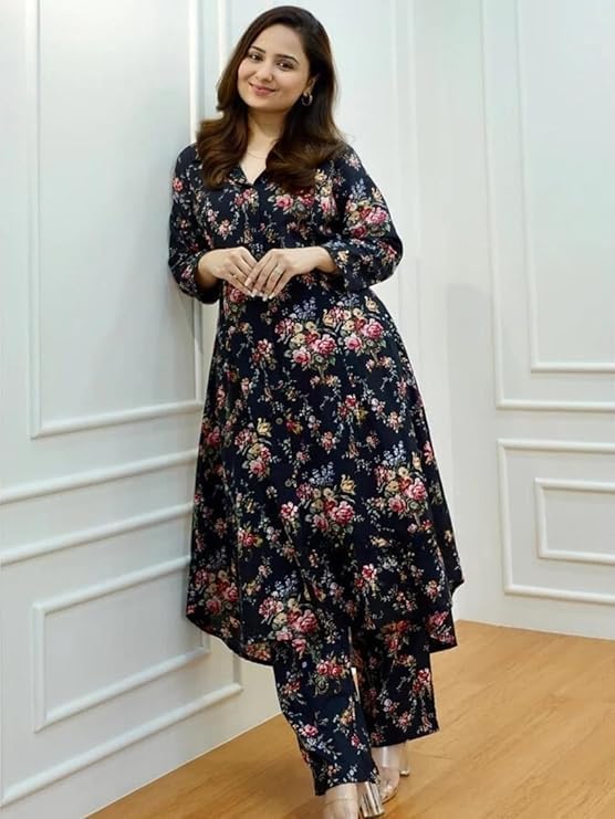 Image of GRECIILOOKS Co ord set for women stylish | Anarkali Kurta-Set - Viscose Printed Kurta & Straight Pant | kurtis| Festive Indian Traditional Outfit Dress for Functions & Puja | Trendy Travel & Streetwear Look for Woman | 3 /4 Half Sleeve