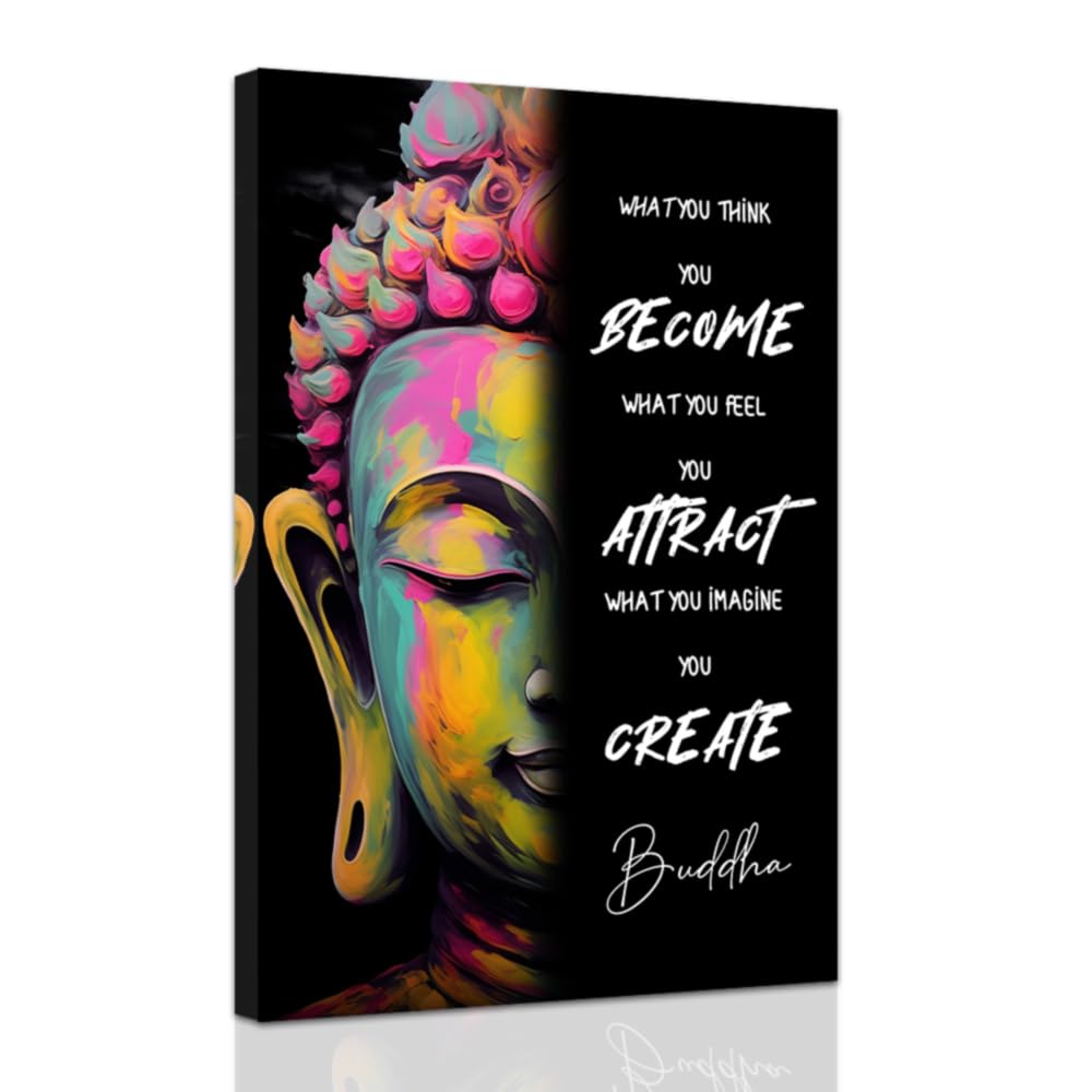 ZXHYWYM Buddhist Motivational Wall Art Buddha Quotes Canvas Pictures Zen Bathroom Painting Spa Artwork Prints for Yoga Room Office Decor Framed (70 x 105 cms)