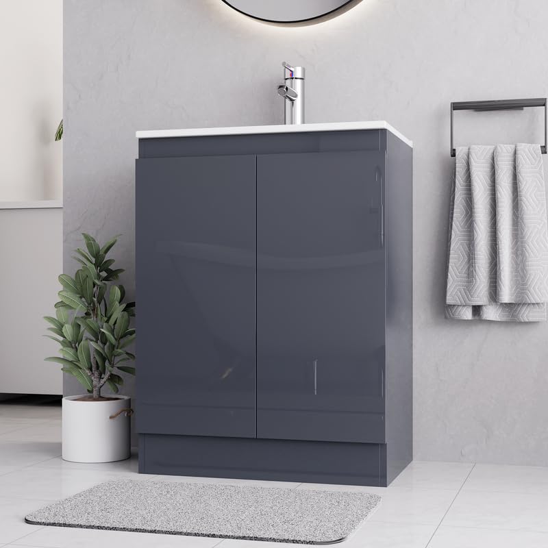 BELOFAY Denvor Grey 600mm Floor Standing Bathroom Vanity Unit With Basin - Laquered Cloakroom Vanity Unit with 1 Tap Hole Ceramic Basin and Soft Close Hinges. (WASTE INCLUDED)
