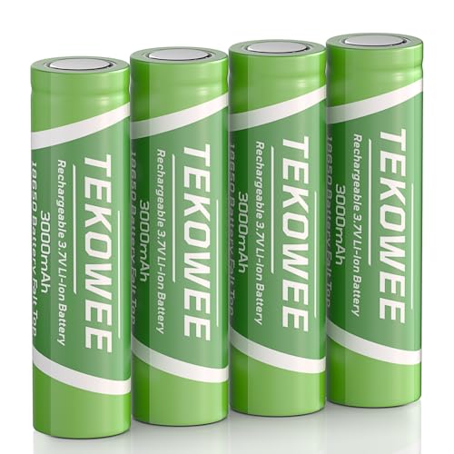TEKOWEE 4 Pack 18650 Rechargeable Battery Flat Top, 3.7V Lithium Batteries 3000mAh for Headlamp, LED Flashlight, Fans, Cameras, Toys, Radios, Surveillance Devices