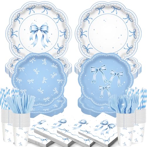 140PCS Blue Bow Party Decorations Bow Theme Party Tableware Set Plates Napkins Cups Engagement Baby Shower Party Decor Serves 20 Guests
