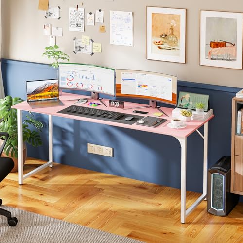 Image of PayLessHere | 63 Inch Computer Desk | Pink | Office Desk with Metal Frame, Adjustable Feet | Water-Resistant, Scratchproof Surface | Sturdy Writing Table for Home Office or Study | Pack of 1
