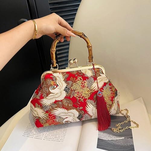 Pochette de soirée style chinois de luxe brodée grue et anse bambou