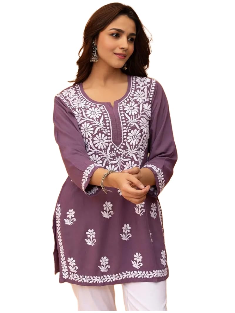 Stylish Women's Rayon Kurti with 3/4 Sleeves & Beautiful Neck Embroidery – Ideal for Casual Office Wear & Everyday Comfort (Kurti Angell)