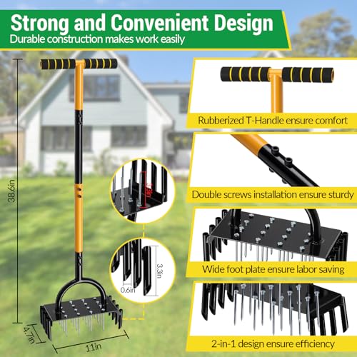Lawn Aerator, 2-in-1 Manual Metal Core Aerators Lawn Tool with 16 Iron Spikes, 8 Coring, Garden Grass Plug Spikes Aerating Coring Tools for Yard Lawn Soil Care, Revives Lawn Health - Image 4