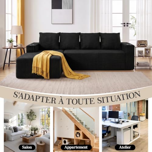 Canapé angle convertible velours noir porte-gobelets Nolirx