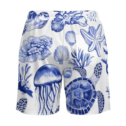 Ocean Turtles Coral Jellyfish Shell Beach Shorts for Men Swim Trunks Quick Dry Swim Shorts with Compression Liner Pocket4