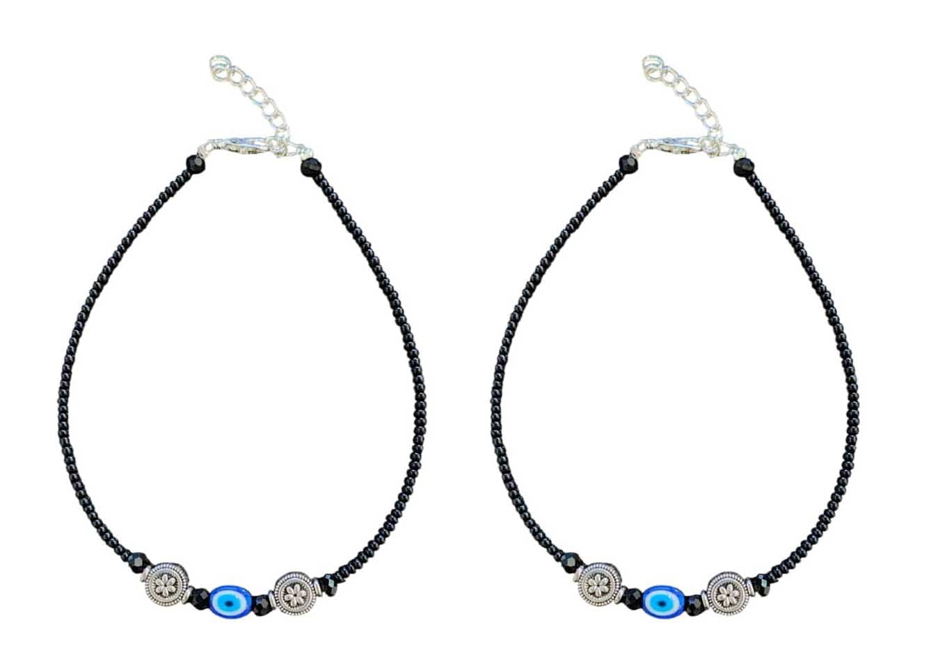 Evil Eye Black Beaded Anklet with Silver Charms, Turkish Blue Glass Evil Eye Pendant, Adjustable Chain for women & Girls pack of 1 pair-image-27
