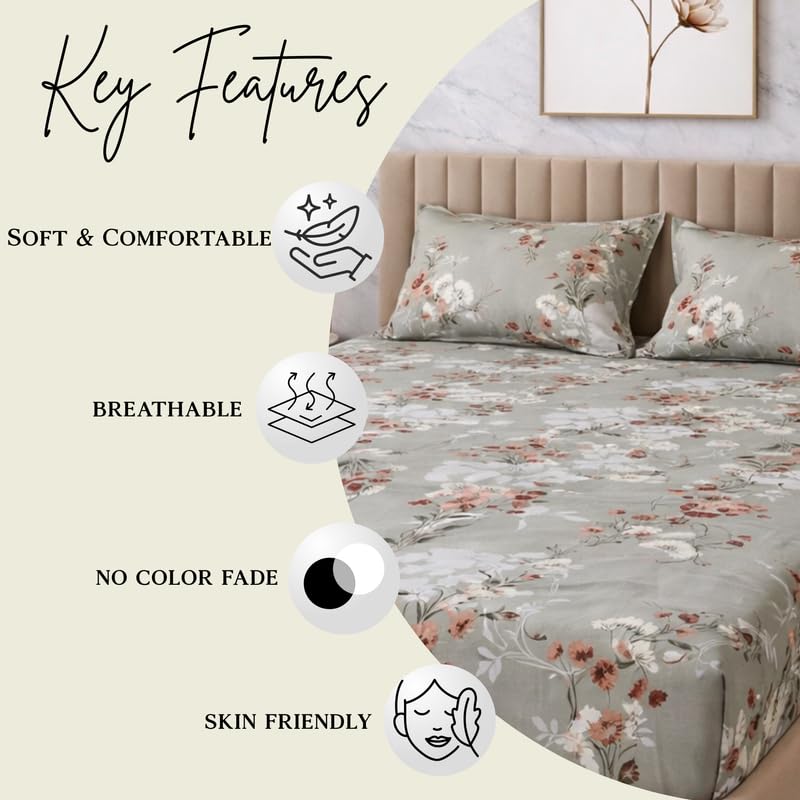 Image of THEA King Elastic Fitted Double Bedsheet Set| 180 TC Cloud Soft Cotton Touch| 1 King Elastic Double Bedsheet for King Size Bed (72 X 78 x 10 inches) with 2 Pillow Covers,Sage Whisper