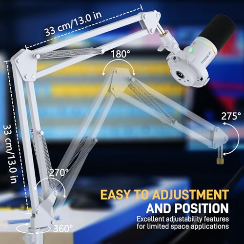 Image of MAONO Boom Arm Microphone Stand: Adjustable Metal Suspension Mic Boom Arm for Podcasting Gaming Streaming Recording,with Desk Clamp and 3 /8 inch to 5 /8 inch Screw Adapter-Max Load 1KG BA20 White