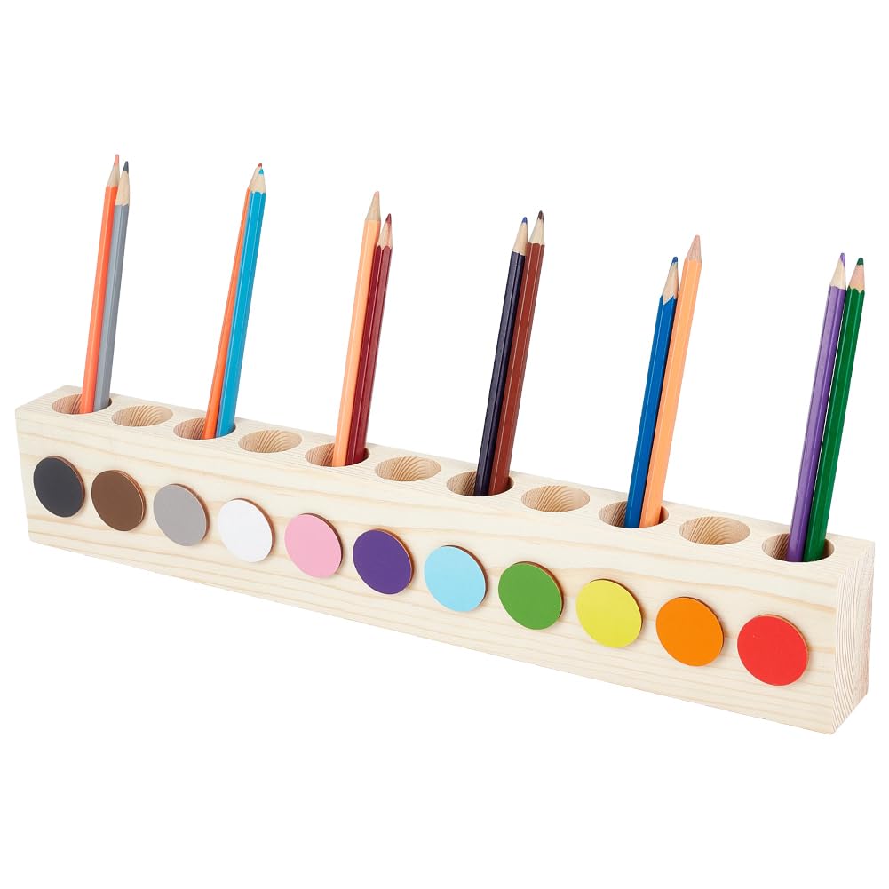 CRAFTYMELODY Wood Colored Pen Pencil Holder Rectangle 11-Hole Wooden Colored Pencil Organizer Desk Pencils Organizer Pen Storage Stand for Teacher Students Classroom School Office Supplies