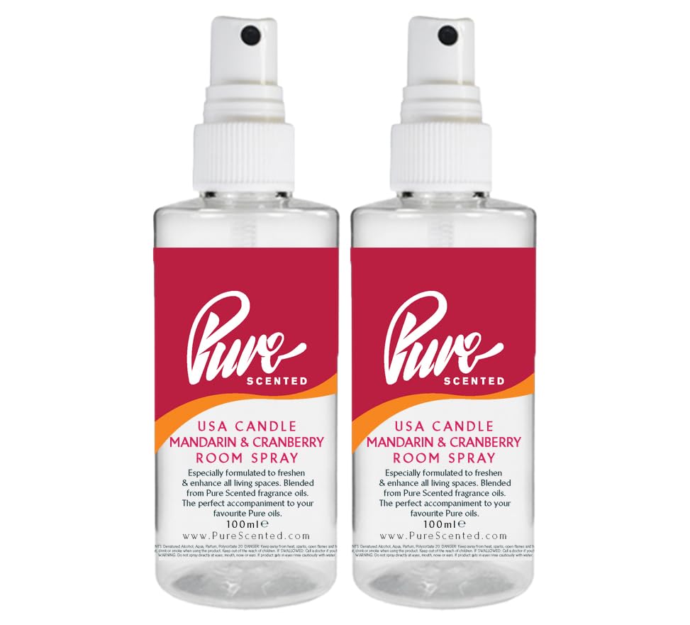 "Pure Scented 200ml Room & Fabric Sprays 2 x 100ml Suitable For Home, Car, Caravan, Work, Gym Bags, Odour Eliminators (2 x 100ml, USA Candle Mandarin Cranberry)"
