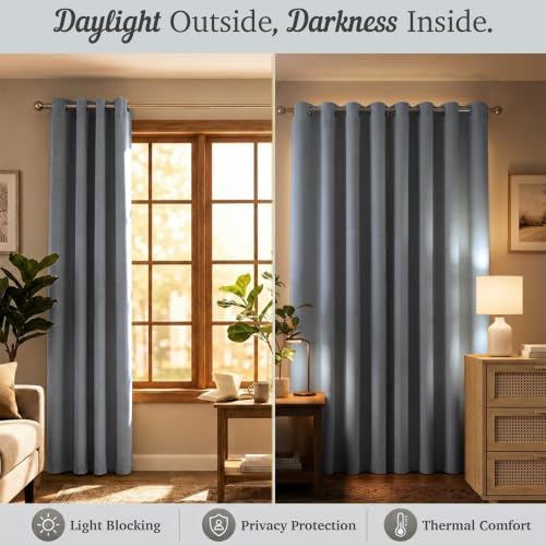 Image of 100% Blackout Window Curtains, 5 Feet, Solid Design, Faux Silk, Thermal Insulated, Noise Reducing Eyelet Door Curtain with Tie Back for Living Room & Bedroom, 115x150cm, Pack of 2 - Grey