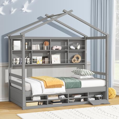 Twinbedframesforkidswoodhousebedwithstorageshelvesmontessoriplayformbedframewithheadboardforboysgirlsgray817lx418wx793h  Urban Country Home Decor Twin bed frames for kids wood house bed with storage shelves montessori playform bed frame with headboard for boys girls gray 817l x 418w x 793h  urban country home decor