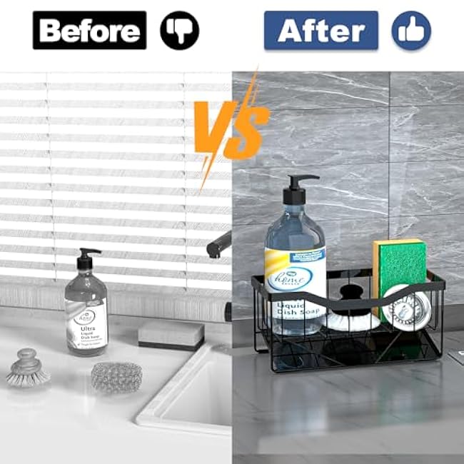 Vanwood Sponge Holder for Kitchen Sink with Auto Draining Tray, Sink Caddy Kitchen Sink Cocina Organizer, Self Drain Dish Soap Sponge Caddy for Counter