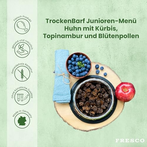 FRESCO Dog Complete Junior Trockenbarf Huhn 1kg | Barf Trockenfutter für Welpen & Junghunde mit Kürbis, Topinambur & Blütenpollen | aus frischem Fleisch, Obst und Gemüse | 100% natürliche Zutaten